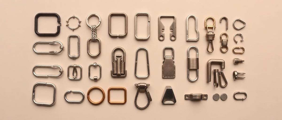 Assortment of metal belt rings, sliders and tips